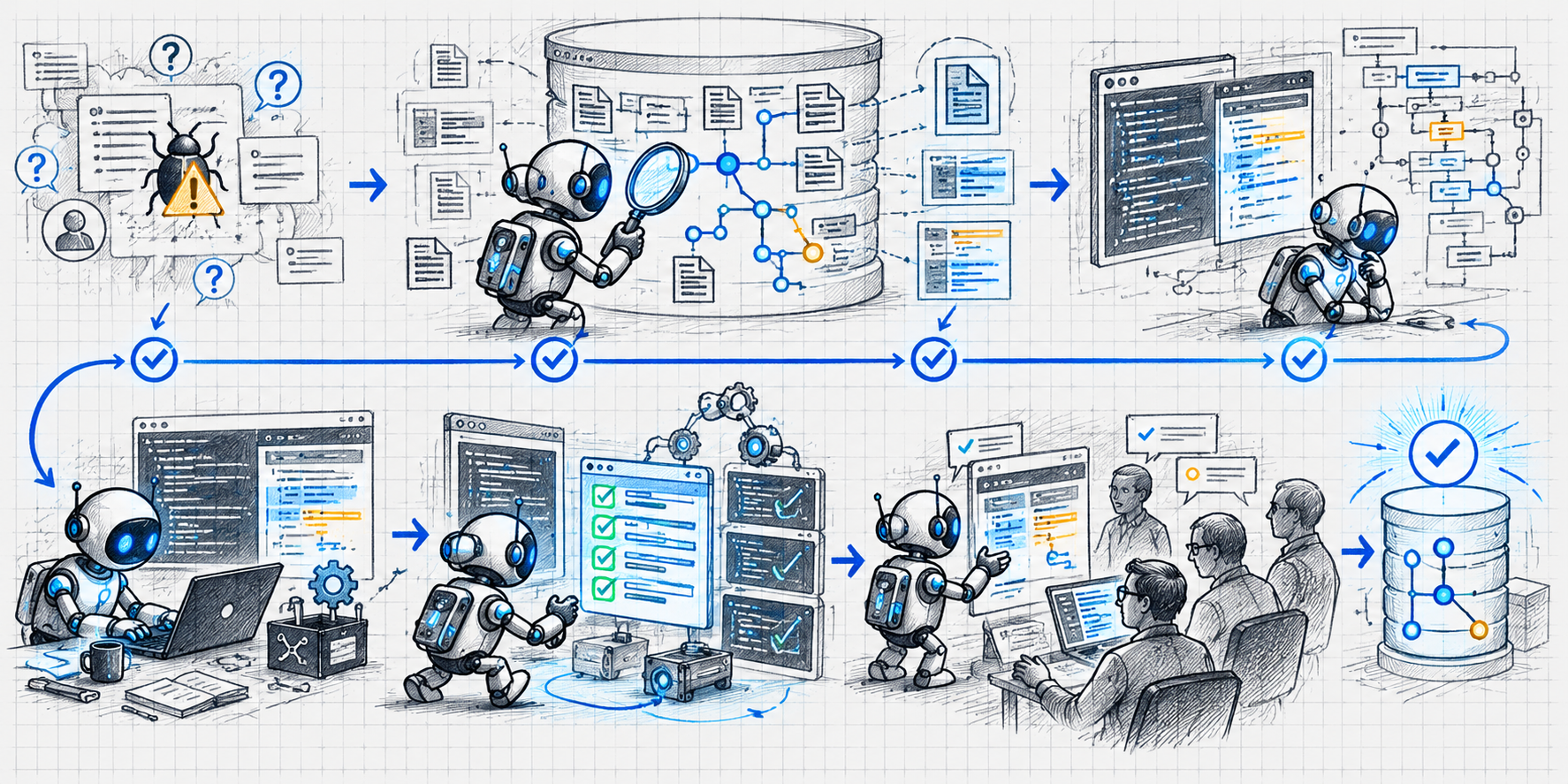Information technology sketch of an AI agent moving through repository inspection, root-cause analysis, patching, tests, and review