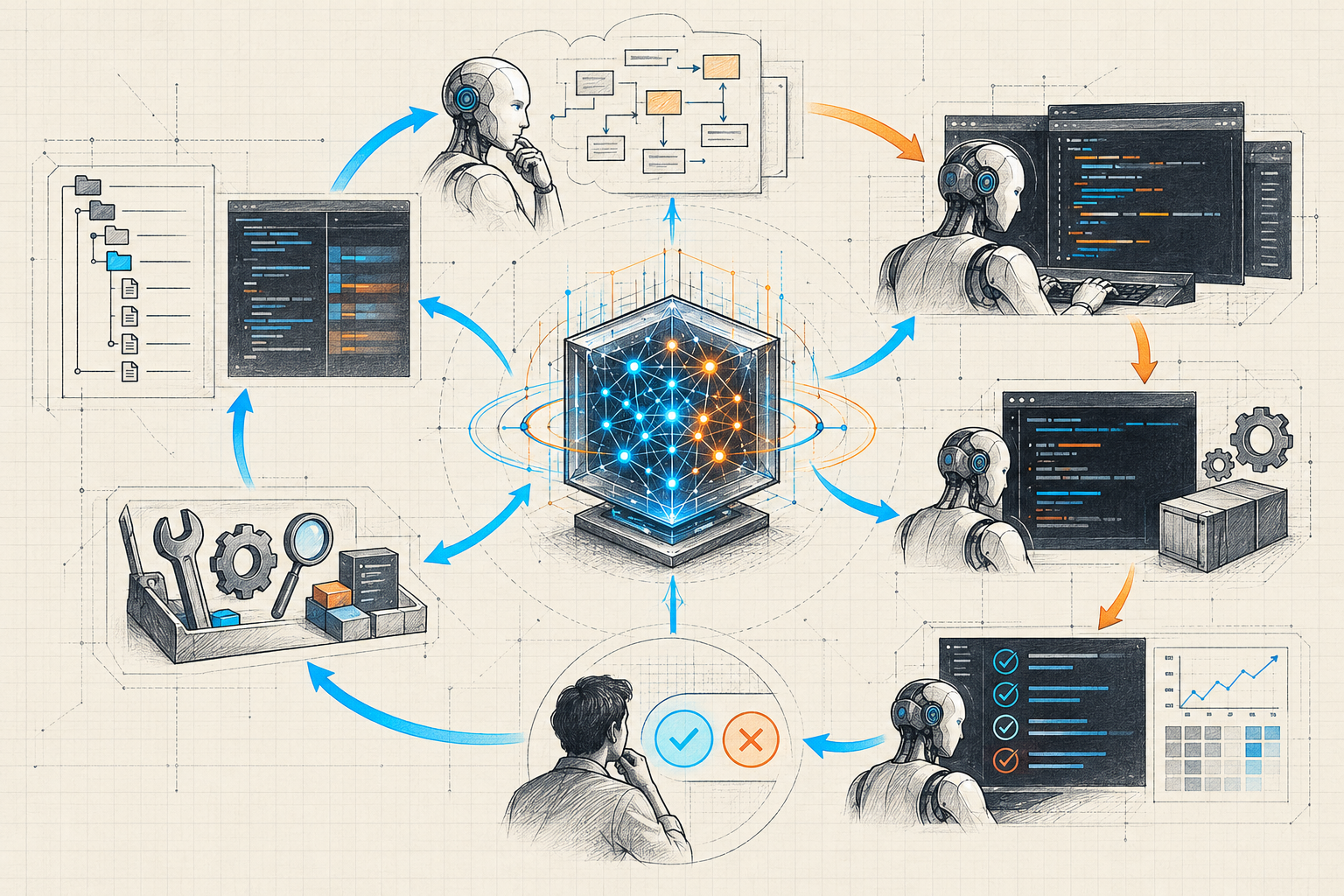 Information technology sketch of an AI coding agent moving through plan, edit, run, verify, tool use, and human approval