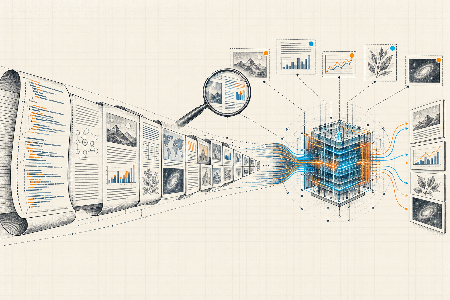 Information technology sketch of a long scroll containing code, documents, charts, and image thumbnails flowing into a model core