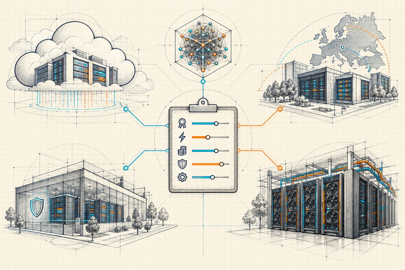 Editorial information technology sketch comparing managed API, regional cloud, private cloud, and on-premises GPU deployment choices