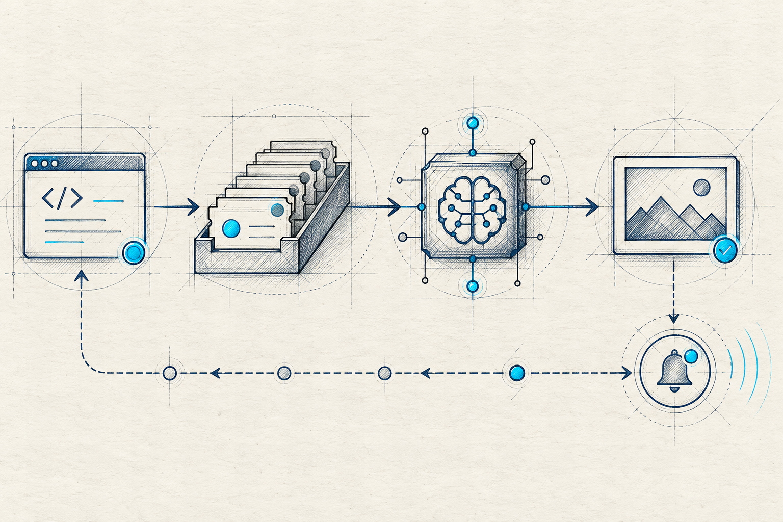 Information technology sketch of an AI request moving through a queue, processing stage, result, and webhook notification
