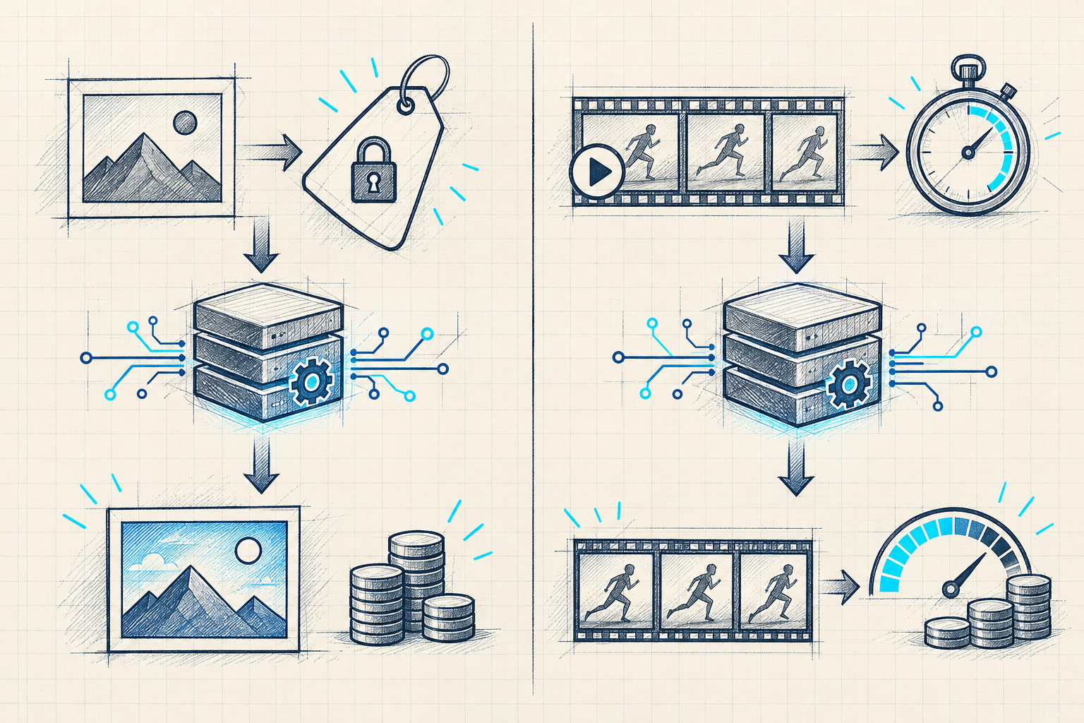Editorial technical sketch comparing a fixed pre-calculated request price with a usage-settled video meter