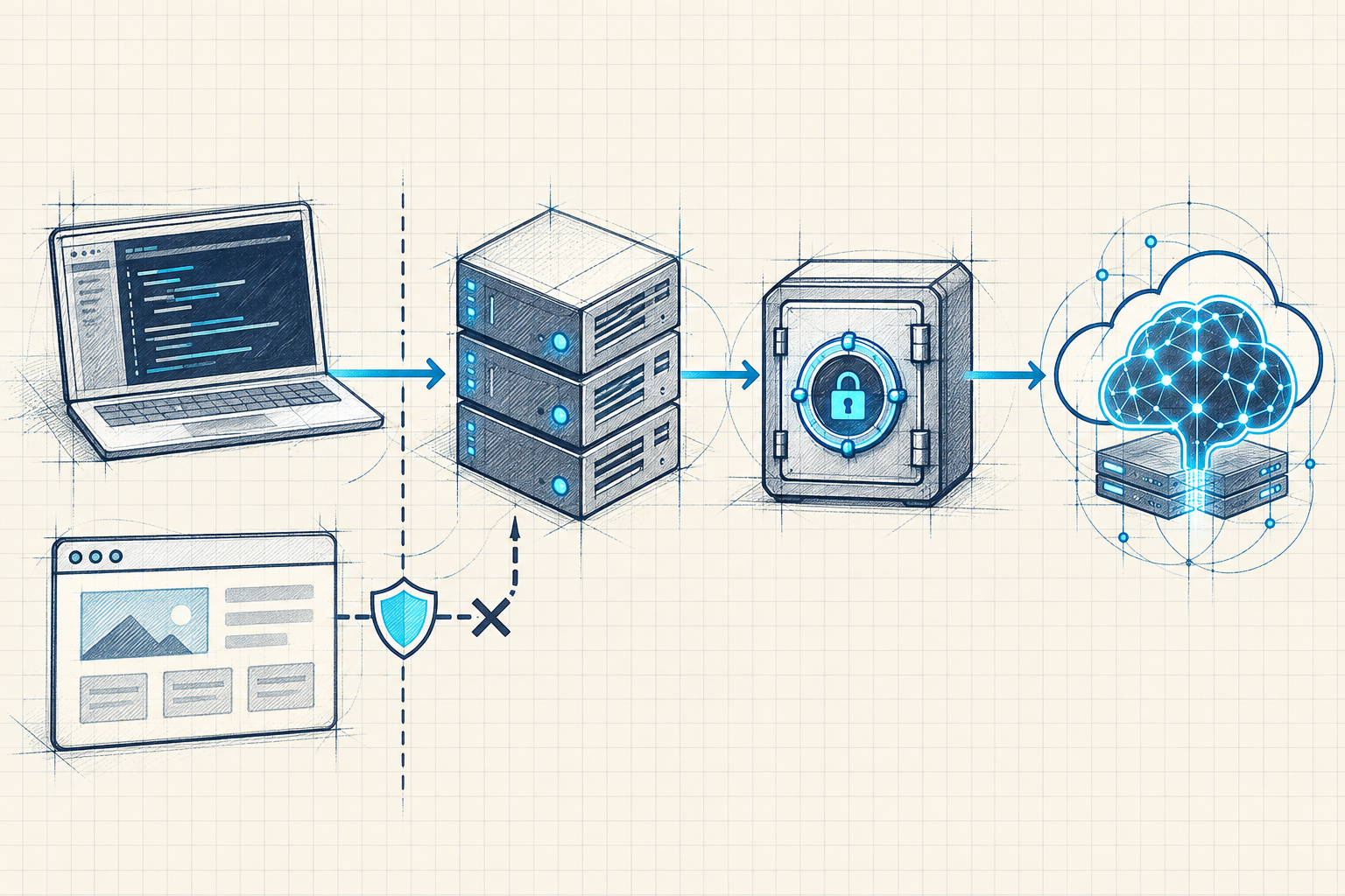 Hand-drawn security architecture showing a browser separated from a protected backend, secret vault, and AI gateway