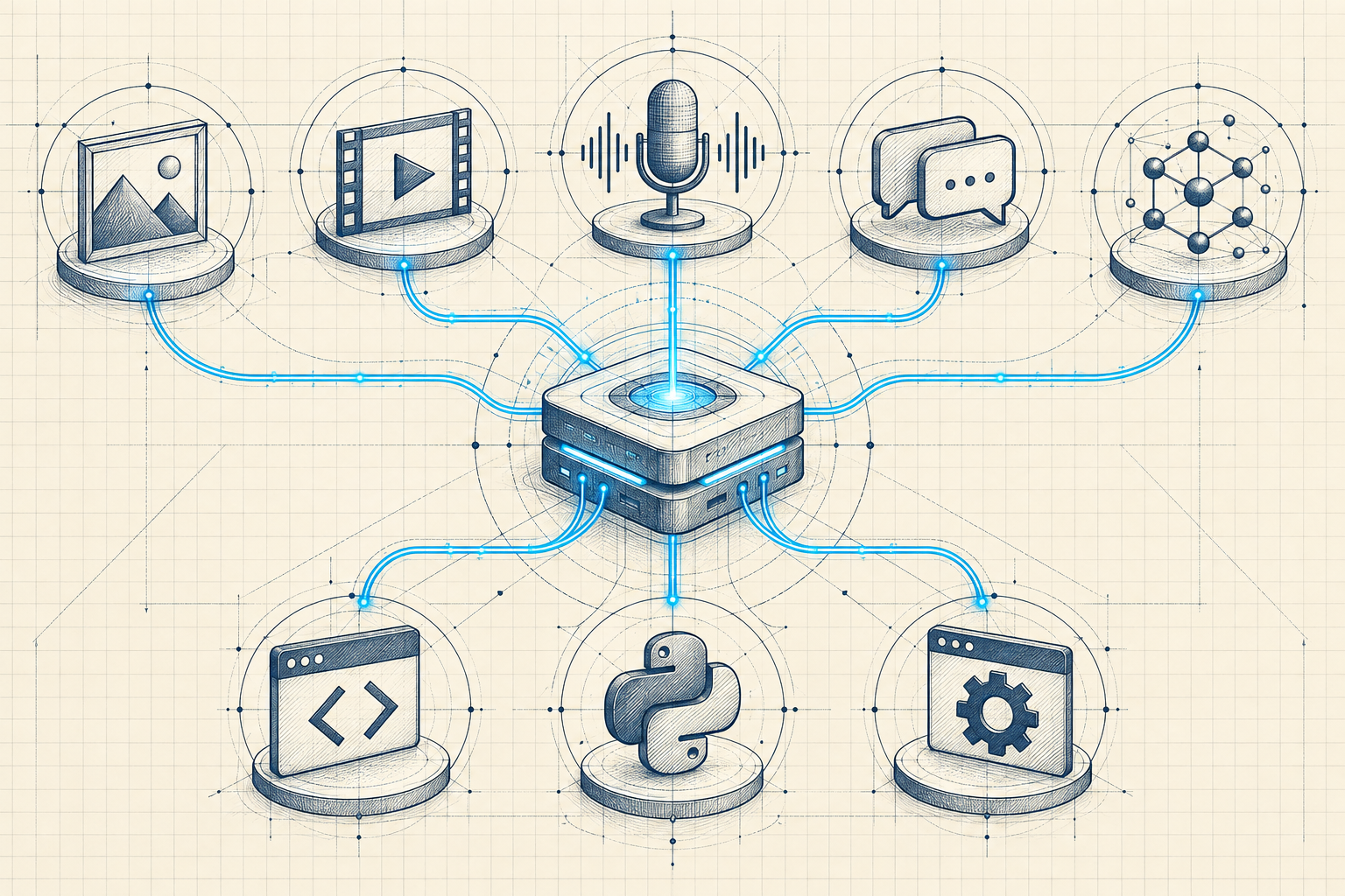 Hand-drawn architecture diagram showing one unified gateway branching into image, video, audio, chat, and embeddings