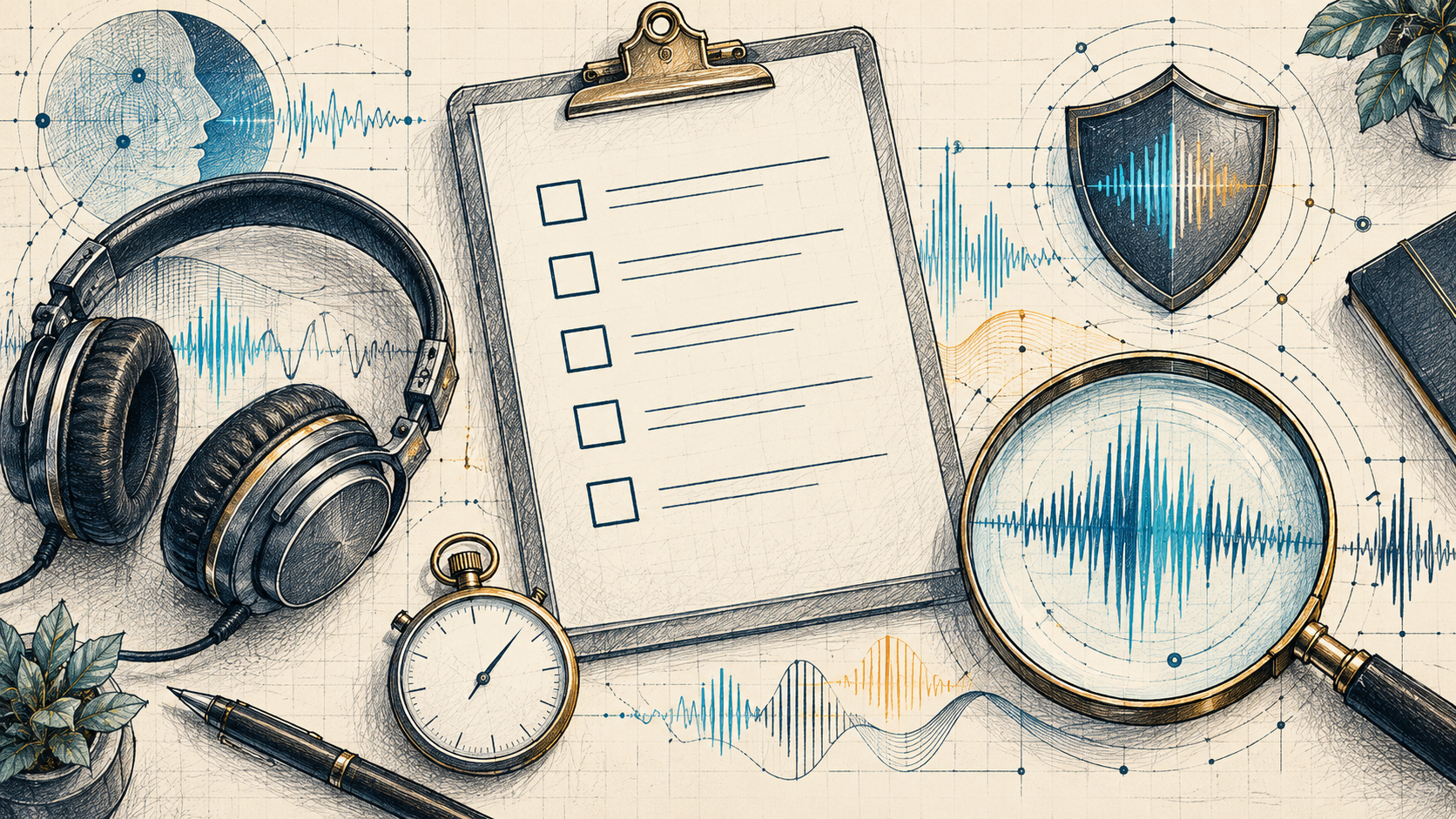 Sketch of a voice AI review desk with a headset, stopwatch, checklist, and waveform magnifier
