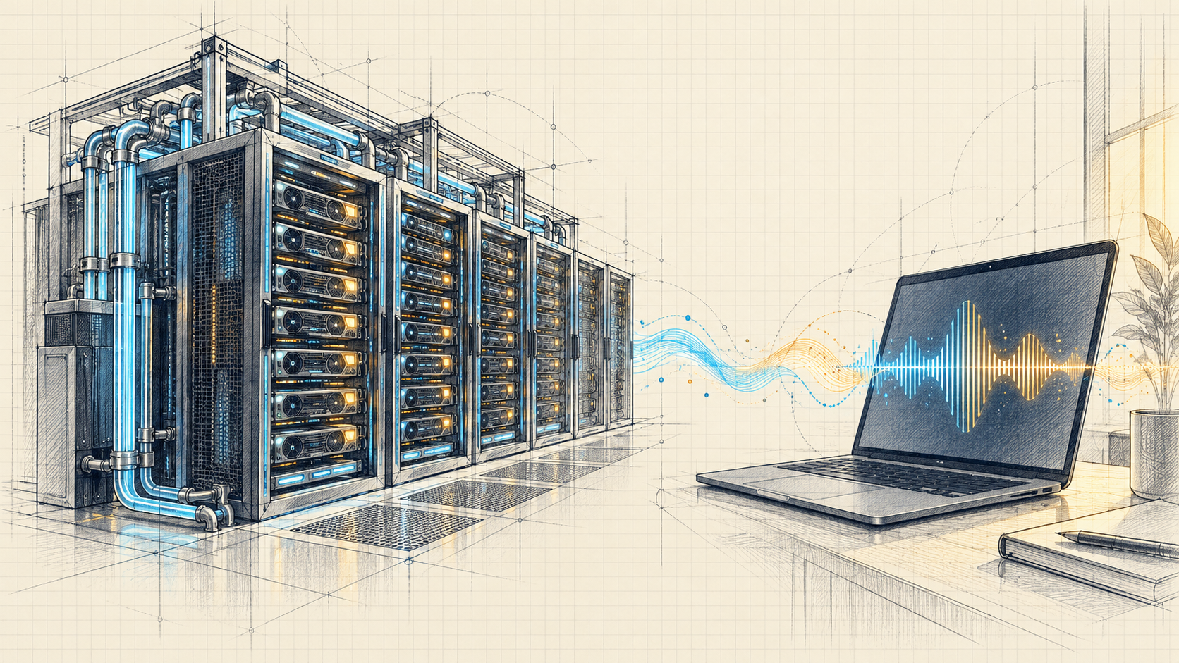 Engineering sketch showing a data-center training rack separately from a laptop used for inference