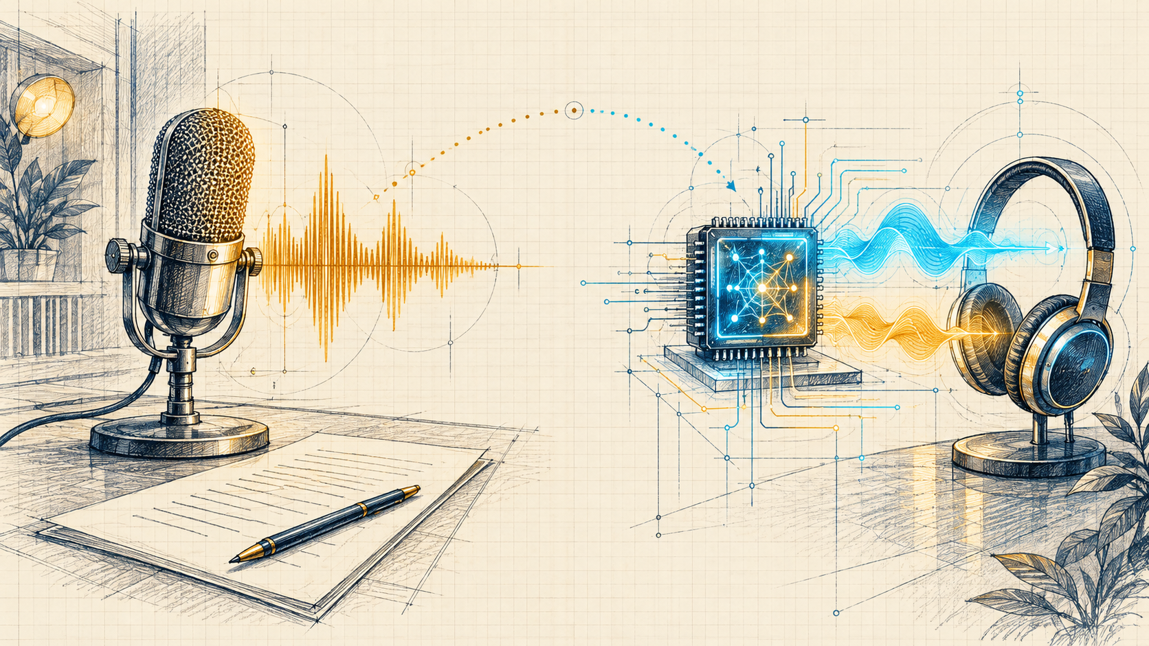 Two separate sketch workstations representing scripted voice synthesis and interactive speech AI