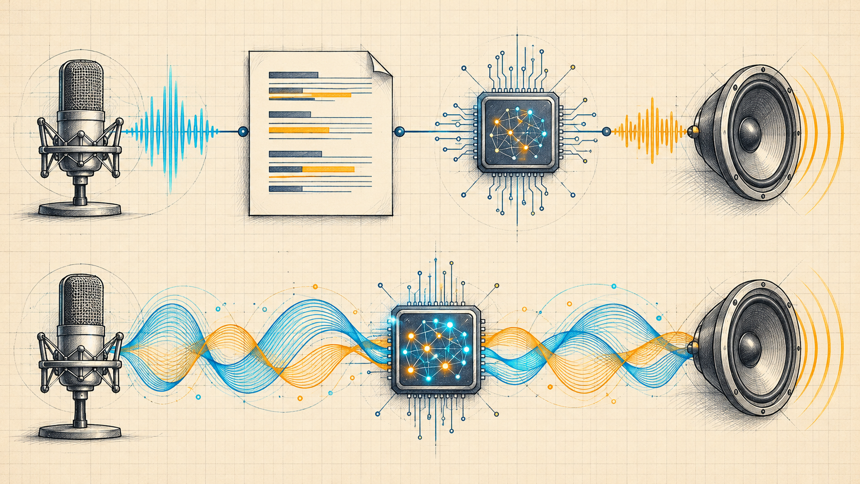 Technology sketch contrasting a transcript-based voice pipeline with direct audio interaction