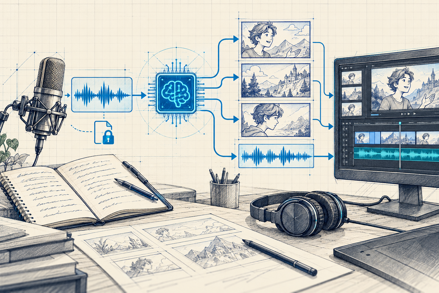 Information technology sketch showing a script, voice recording, AI production tools, storyboard frames, and an editing timeline