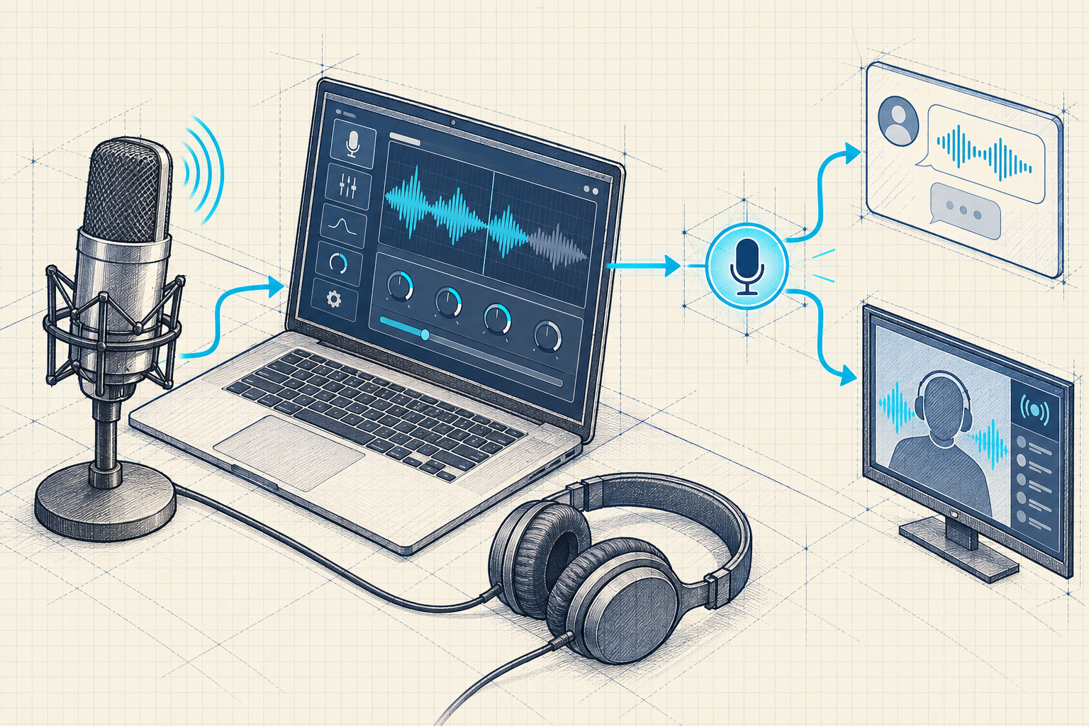 Desktop audio routing sketch connecting a microphone, voice processor, virtual microphone, chat app, and streaming output