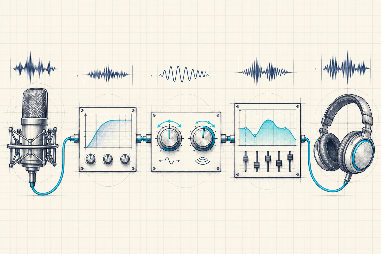 Hand-drawn audio signal chain from microphone through cleanup, pitch and resonance controls, equalization, and headphones