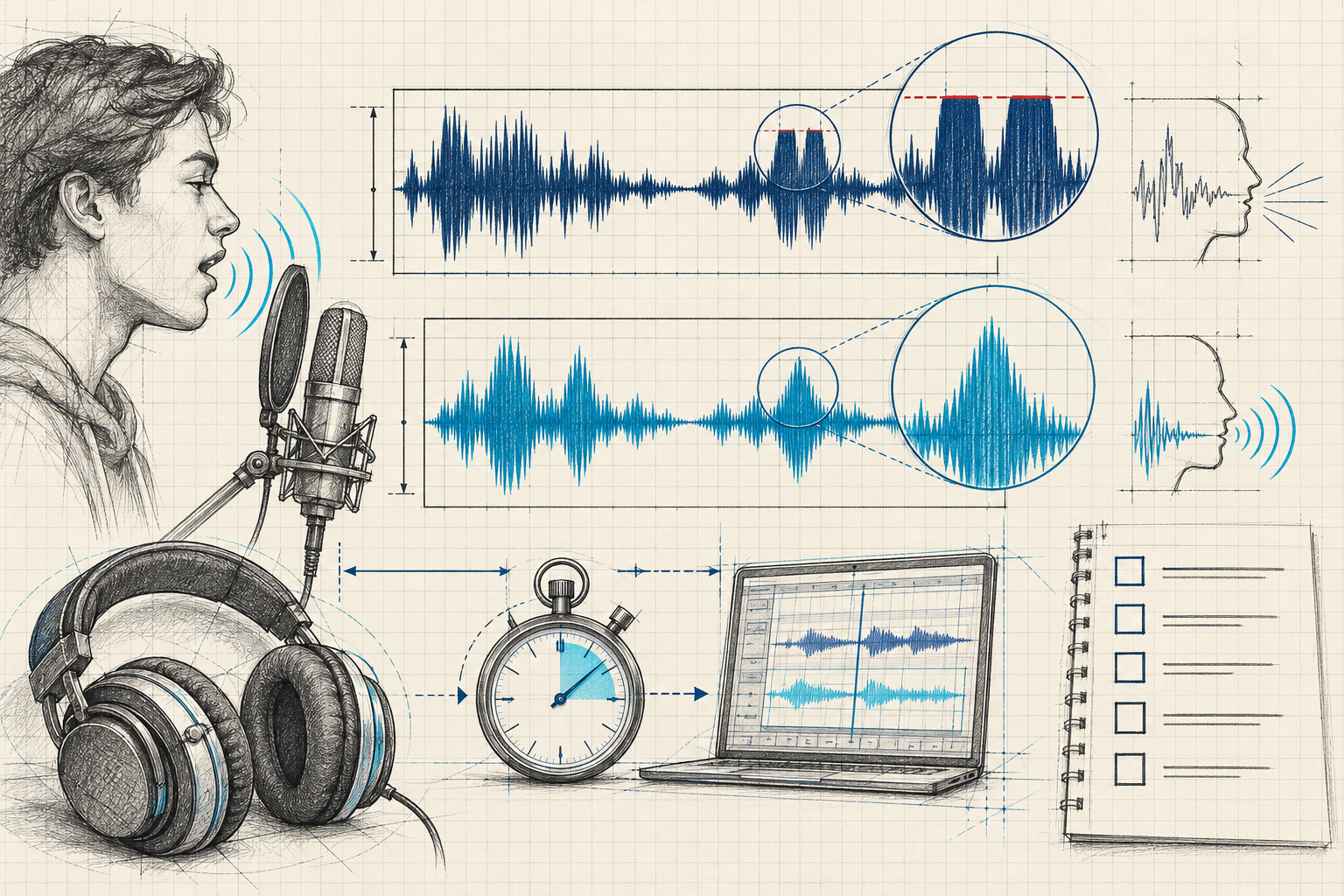 Technical notebook illustration comparing clipped and clean waveforms with headphones, a stopwatch, and a listening checklist