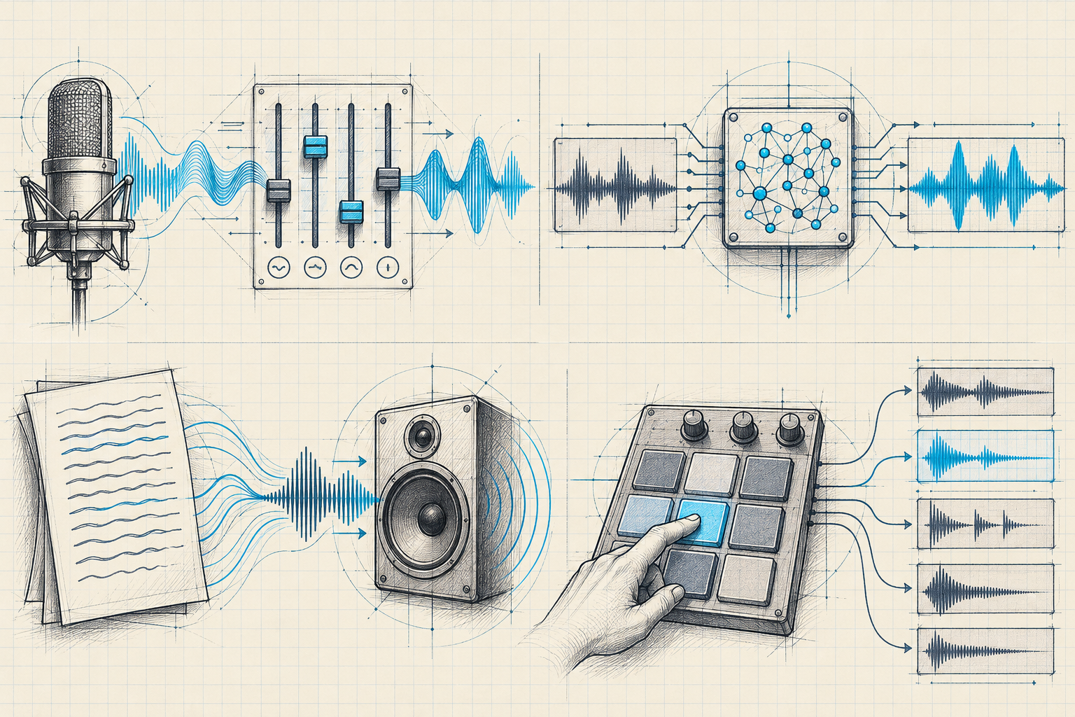 Four sketched workflows comparing live filters, AI voice conversion, text-to-speech, and soundboard playback